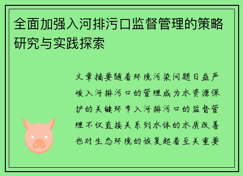 全面加强入河排污口监督管理的策略研究与实践探索