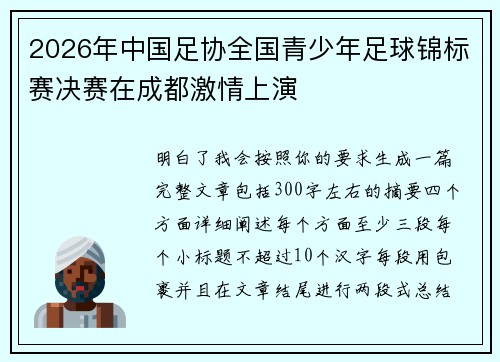 2026年中国足协全国青少年足球锦标赛决赛在成都激情上演